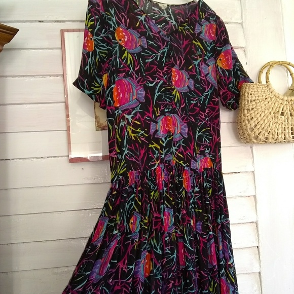 Vintage New Aura Coral & Fish Pattern Dress M/L - Picture 1 of 7
